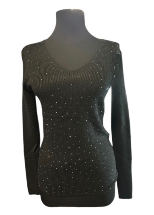 Női pulóver, pamut, díszköves, fekete, S/M méret