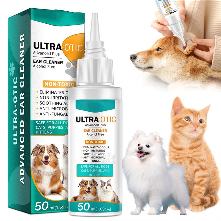 Solutie de curatare a urechilor pentru caini si pisici, formula naturala, indeparteaza cerumenul si mirosul neplacut, amelioreaza mancarimea si combate acarienii, 50 ml