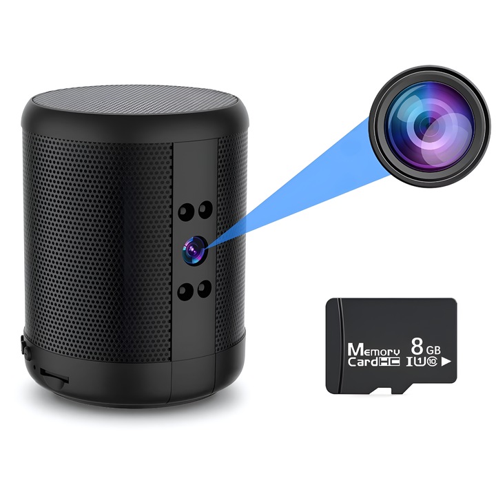 Boxa Bluetooth Mini Camera Spion WiFi Profesionala 1080P Full HD 8GB, Detectie Miscare, Viziune Nocturna, Inregistrare Continua, Conectare Telefon, Microfon