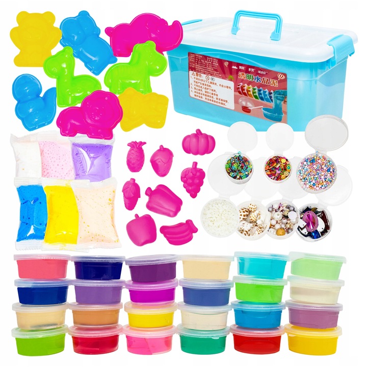 Set mare pentru prepararea de slime, 24 recipiente colorate, 6 slime spumos, accesorii decorative, 27x18, 5x19cm