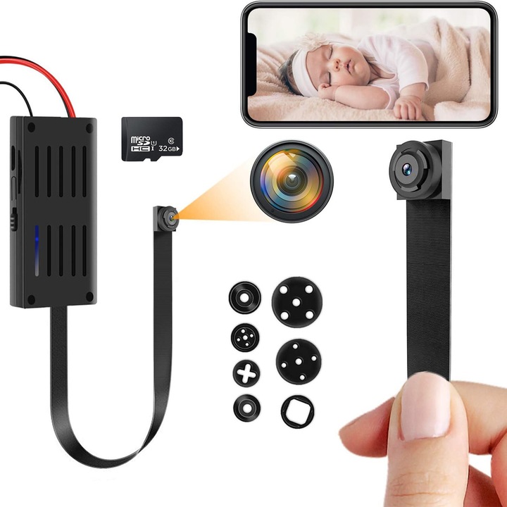 Mini WiFi kémkamera flexibilis kábelen Full HD 1080P 32GB, Professzionális vezeték nélküli felügyeleti modul, Mozgásérzékelés, Folyamatos felvétel, Tuya alkalmazás