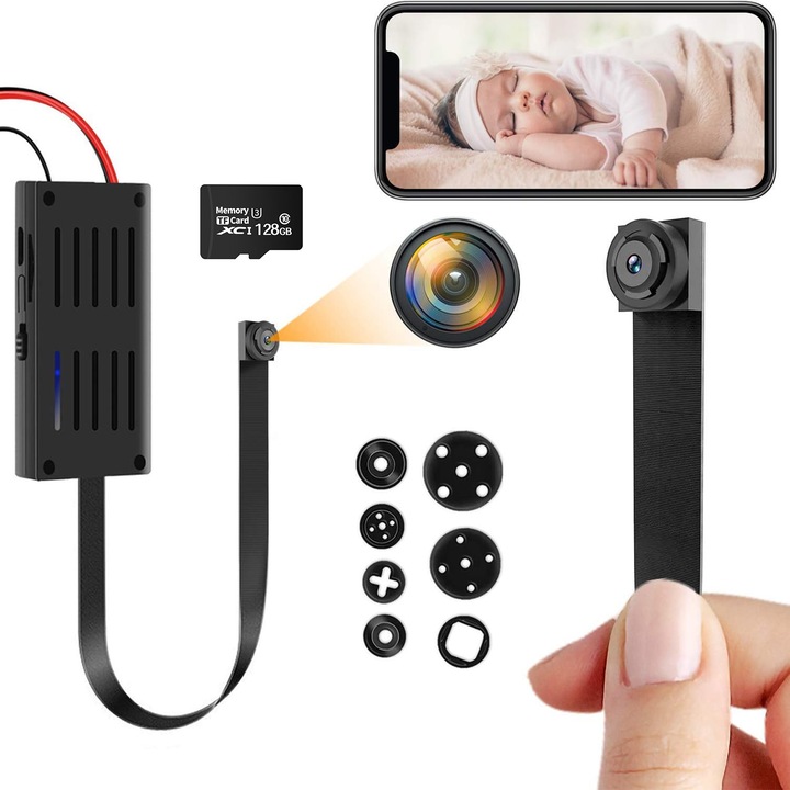 Mini Camera Spion WiFi pe Cablu Flexibil Full HD 1080P 128GB, Modul Supraveghere Profesional Wireless, Detectie Miscare, Inregistrare Continua, Tuya Smart