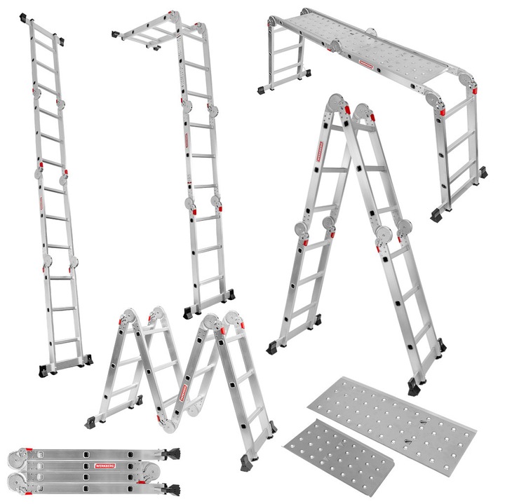 Scara pliabilă aluminiu WERKBERG 4x3 cu suport de lucru, înălțime maximă 348 cm