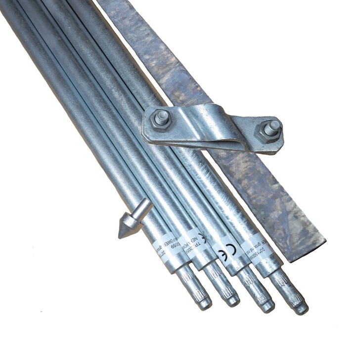 Kit Impamantare cu 4 Electrozi Tip BP, D=20 x 1500 mm Zincati la cald, 1 Varf Ghidaj, 1 Clema Conexiune Si 1.5 Platband Fara Sapaturi pentru Case, Garduri Electrice, Panouri solare