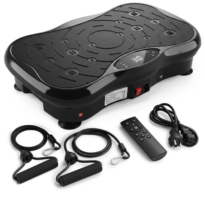 Вибрационна платформа Extralink Moonwalk SpinMove, черна, 200W, фитнес уред за домашни тренировки, подпомага изгаряне на мазнини, укрепване на мускулите и подобряване на кръвообращението, стабилна конструкция и различни нива на вибрация