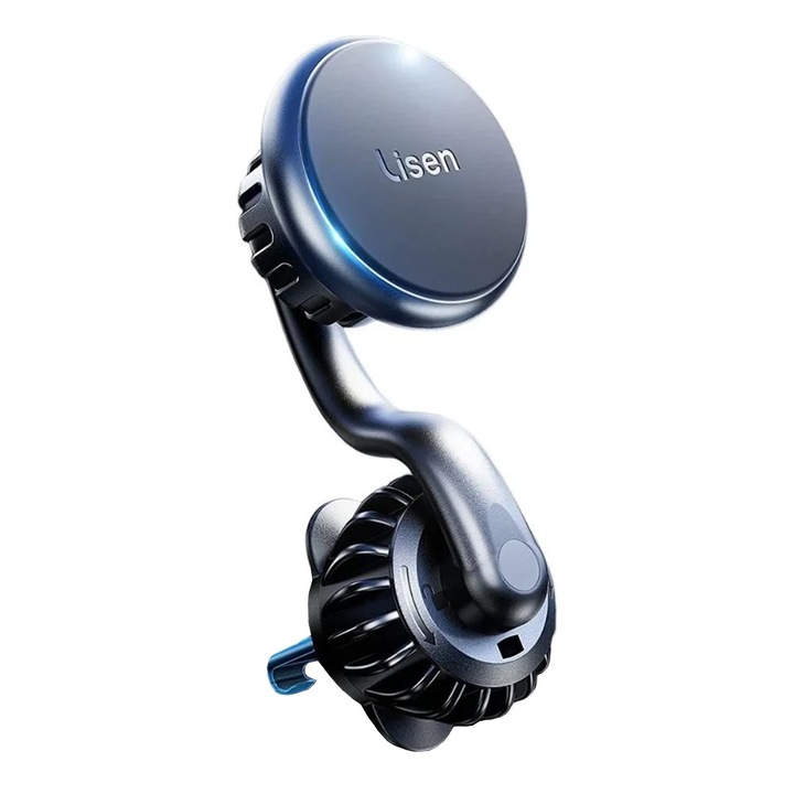 Mágneses autós telefontartó, Lisen YL0222060002, Szellőzőrácsra szerelhető, MagSafe kompatibilis, 360°-ban forgatható, Állítható, Biztonságos rögzítés, Fekete