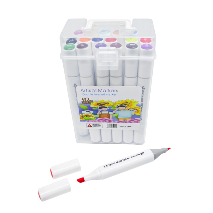 Комплект от 18 двойни маркера, Професионални флумастери, Двоен връх, На спиртна основа, Многоцветни, за рисуване и илюстрации