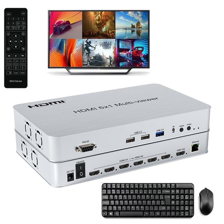 GKRONG Multi-Viewer HDMI KVM kapcsoló 6 az 1-ben, 6 eszköz, 4K felbontás, plug & play