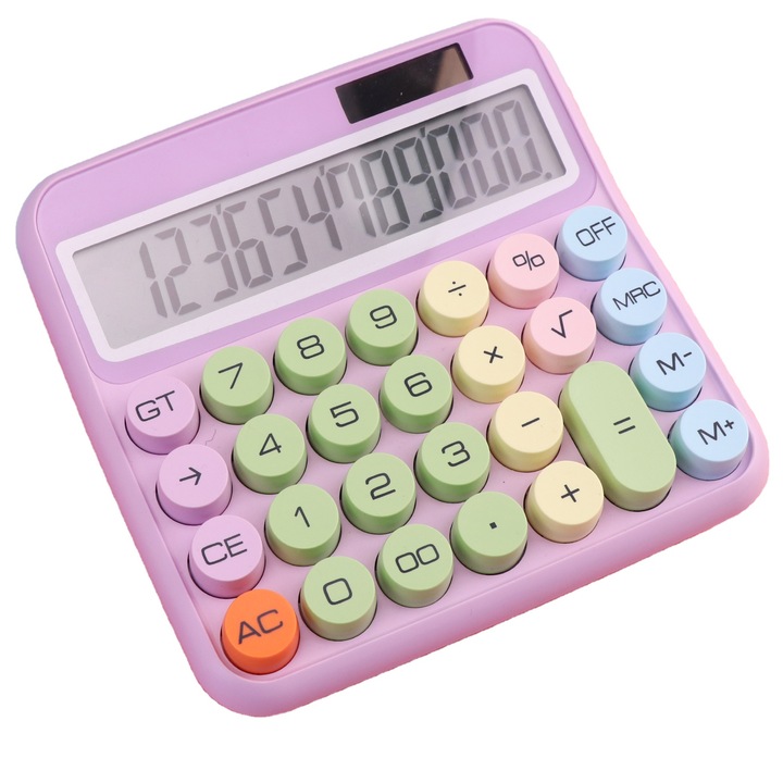 Calculator de birou, display mare, butoane colorate, alimentare solara si/sau baterii AAA
