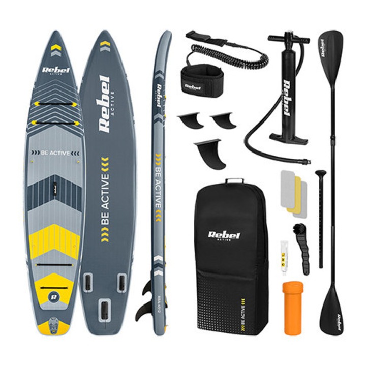 Set placă gonflabilă Stand Up Paddle SUP, REBEL, 381x81x15 cm, 3 aripioare, 204 kg