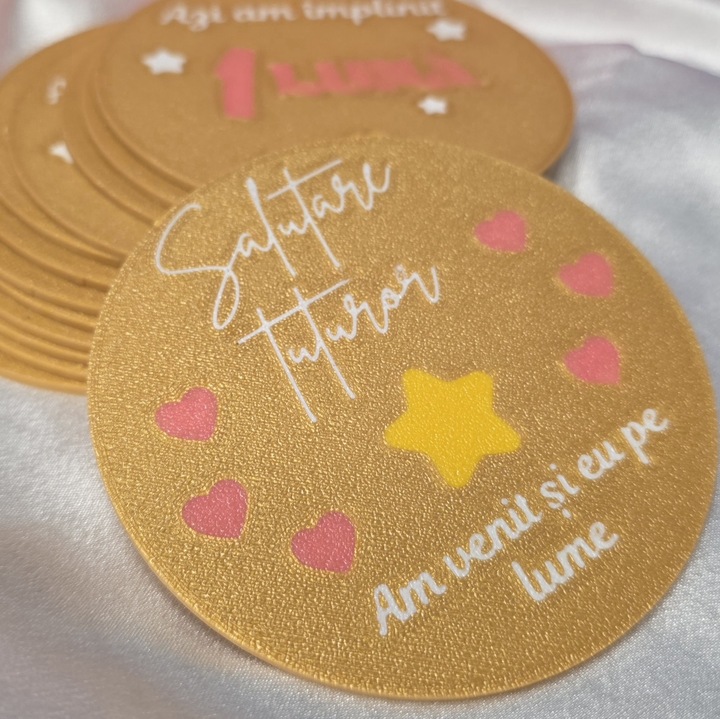 Placute foto „Primul An” pentru fetite / cadou baby shower / poze lunare bebelus / print 3D PLA / diametru 9.5 cm