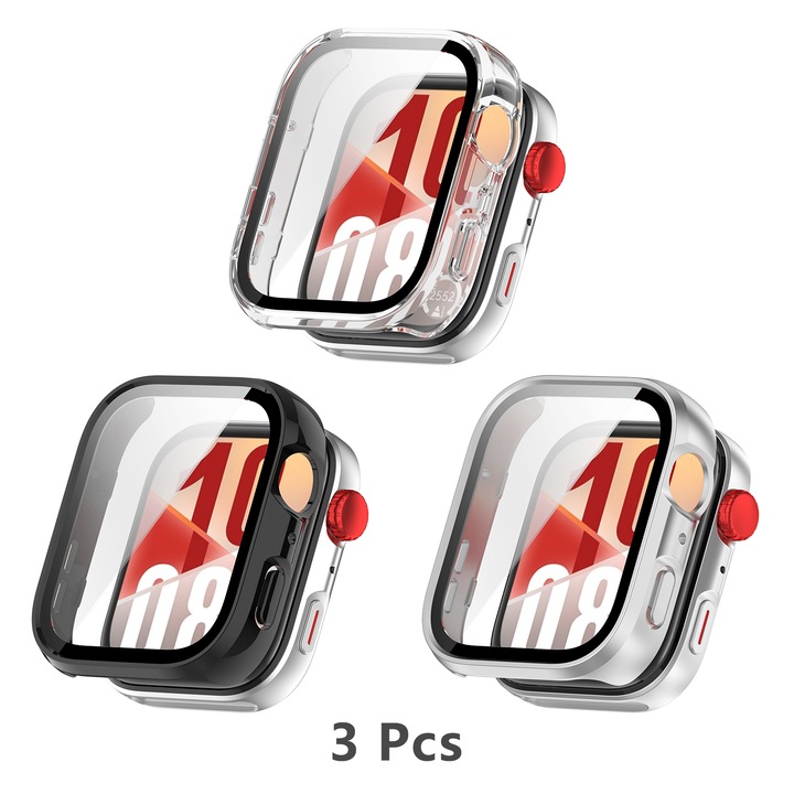 Комплект от 3 калъфа за Huawei Watch FIT 4, FunShop, Твърд PC калъф с пълно покритие, 9H защита на екрана от стъкло, Черен/Сребрист/Прозрачен