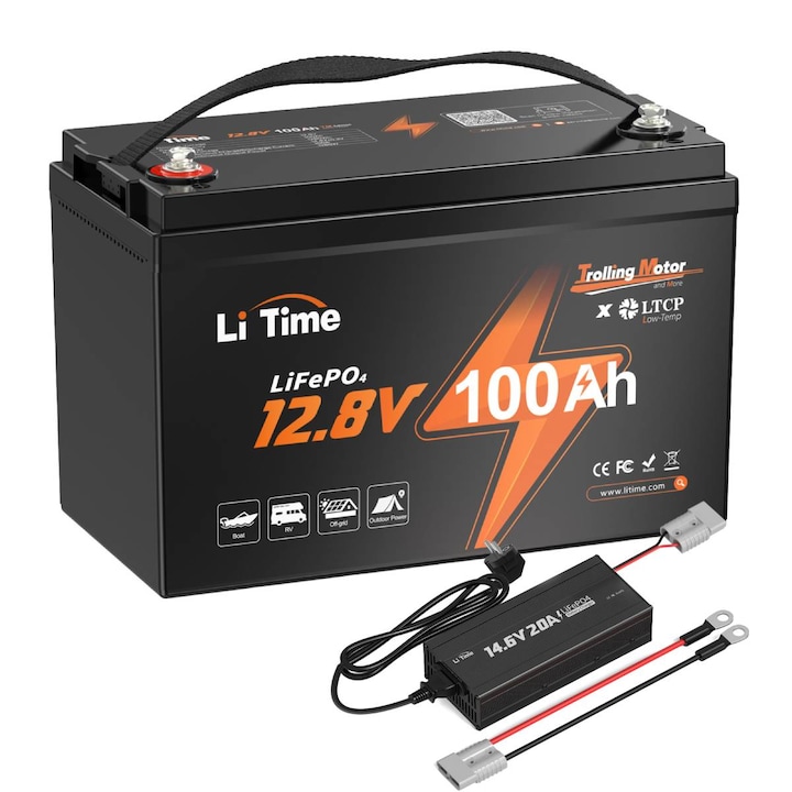 Baterie solară 12V 100Ah LiFePO4 cu încărcător 14.6V 20A, rezistentă la șocuri, utilizare marină