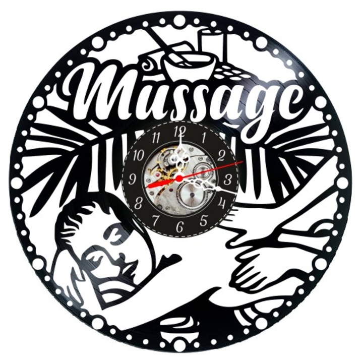 Стенен часовник "Масажна Терапия", Уелнес и Релакс Дизайн, Ръчно Изработен от Рециклирана Винилова Плоча, 30 см