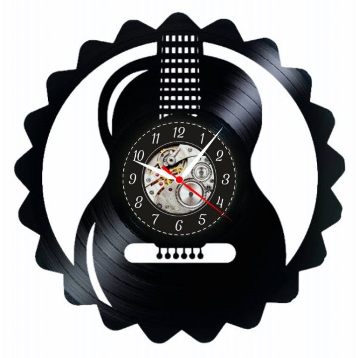 Стенен часовник "Акустична китара", Минималистичен Музикален Дизайн, Ръчно изработен от Рециклирана Винилова Плоча, 30 см