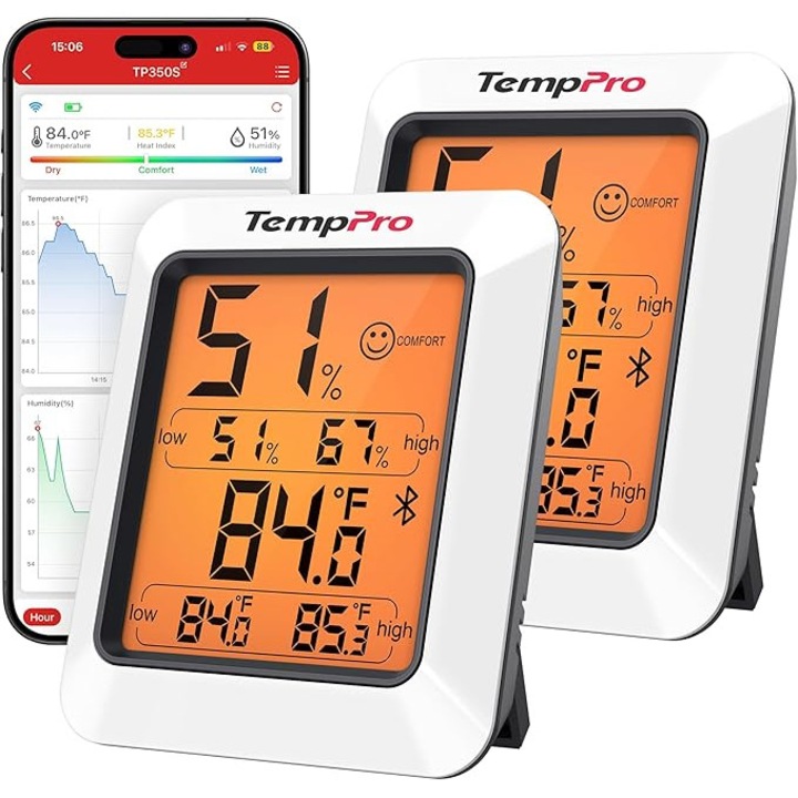 Termometru, Higrometru Digital TempPro TP350, Set 2 Bucati, Monitorizare Bluetooth, Alb, Montaj Masa/Perete