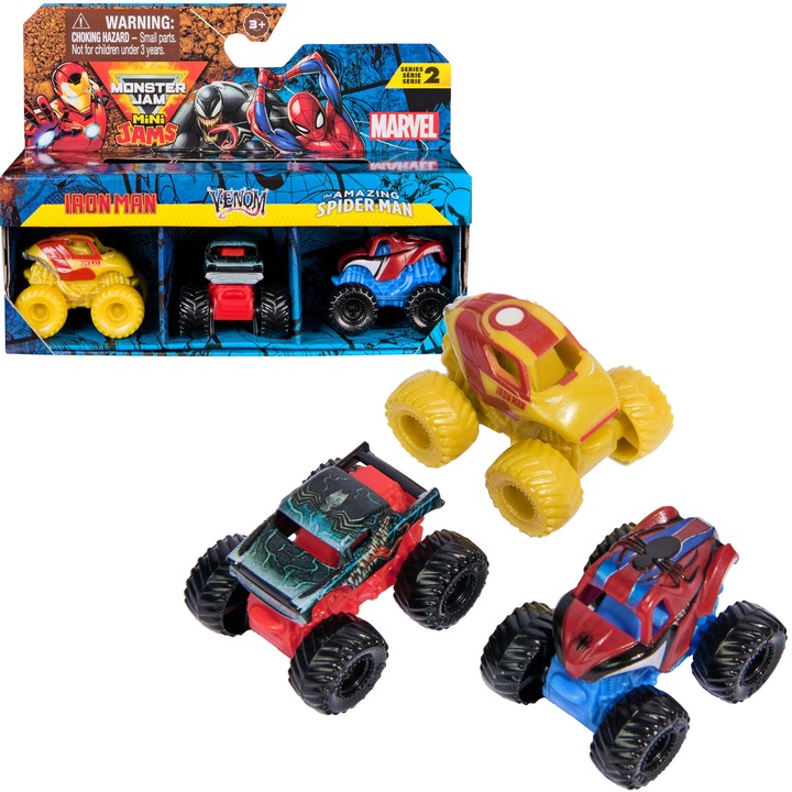 Set Monster Jam de 3 masinute Mini Jams Marvel Iron Man Venom Spiderman