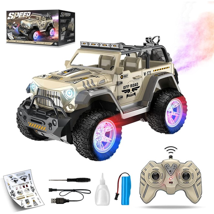 Távirányítós teherautó spray-vel és LED lámpákkal, SRIYGOI, 1/16, khaki, terepre