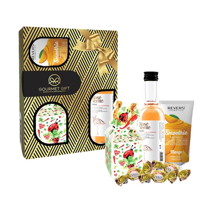 Pachet cadou GourmetGift, Vin Rose, Crema maini, Praline de ciocolata, 375g