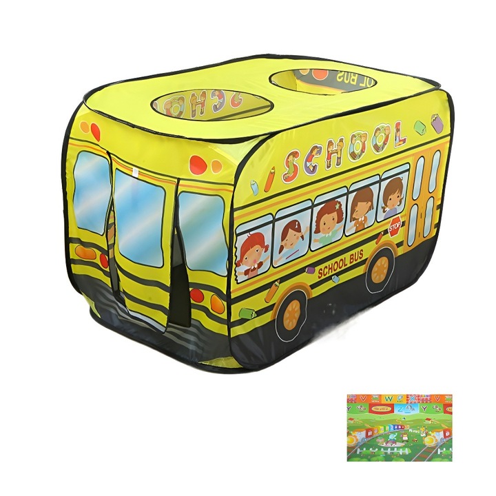 Tenta pentru copii, autobuz școlar galben, pliabil, 70x75x112cm, include saltea de joc