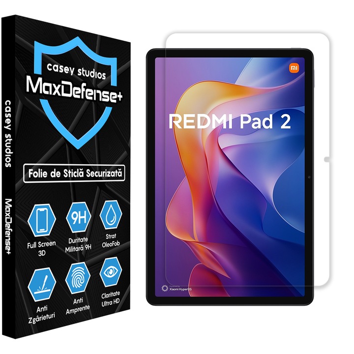 Fólia üveg CASEY STUDIOS™ kompatibilis Xiaomi Redmi Pad 2-vel, Full Cover 3D, Full Glue, Edzett üveg, Katonai keménység, Ultra HD, Professzionális képernyővédelem 3D, Karcálló, Ütésálló, Átlátszó