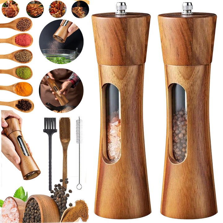 Set 2 Rasnite Manual pentru Piper, Lemn de Salcam,2Moara Ceramica, Lingura de lemn, Suport Lemn,2Perie Curatare Inclusa, Designul usor de demontat simplifica curatarea.Grosime reglabila, Un set iti rezolva toate nevoile de condimente, Ideal pentru Cadou