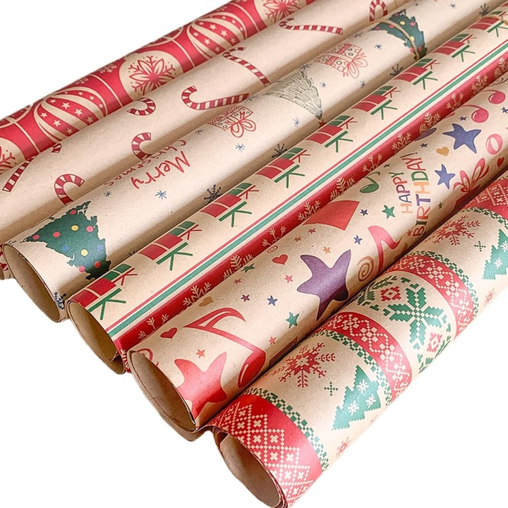 Set 6 role hartie de impachetat pentru Craciun Keelyy, 70 x 50 cm, multicolor