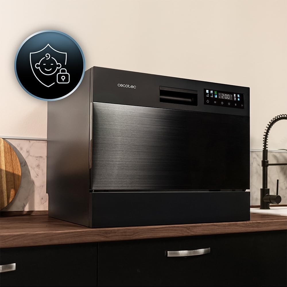 Mini masina de spalat vase incorporabila Cecotec, Bolero Aguazero Dark Mini, capacitate 6 seturi, 8 programe prestabilite, functie Dry+, temperatura max 70°C, functie antibacteriana Germ Shield, autocuratare, negru