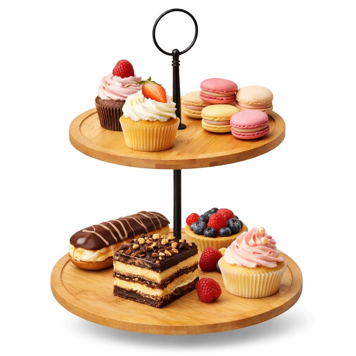 Suport etajera rotund din bambus, 2 niveluri, bej, 25cm diametru, 30cm inaltime, bej