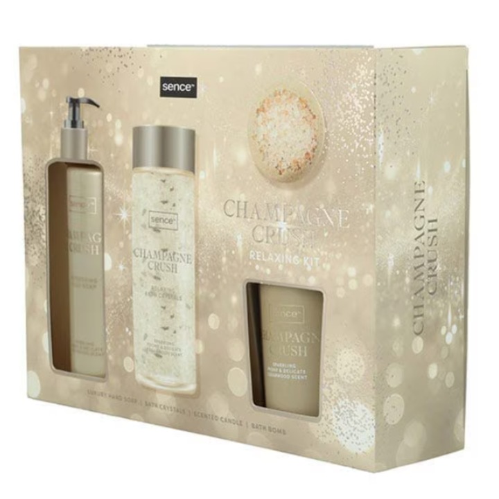 Set cadou relaxare Sence Champagne Crush - Relaxing Kit cu sapun lichid, cristale de baie, bomba de baie si lumanare parfumata