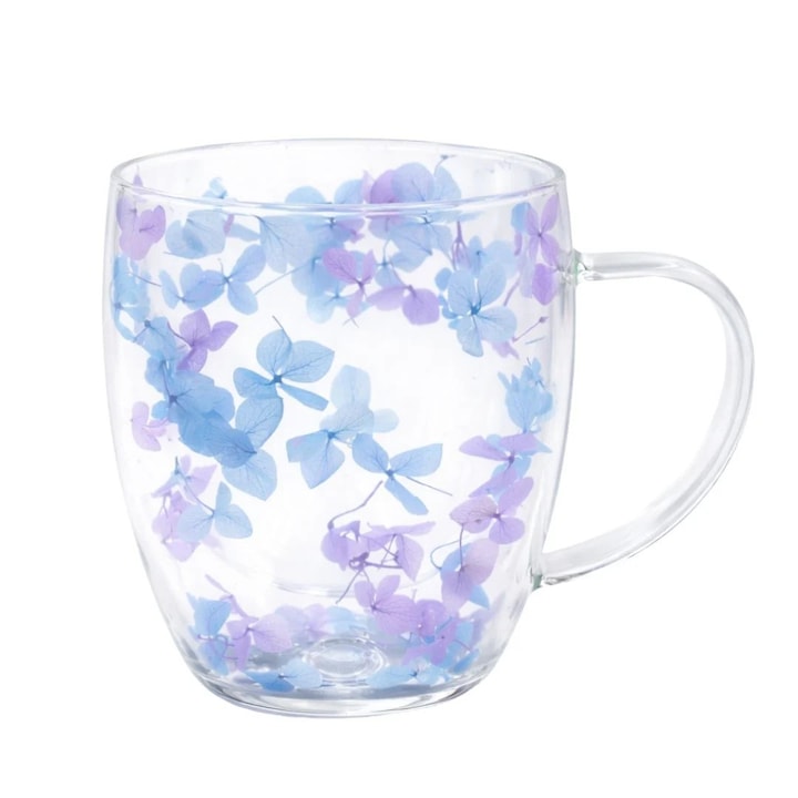 Cana Ginza Aurora Bloom, flori uscate mov și albastru, pereti dubli, sticla borosilicata, 350 ml