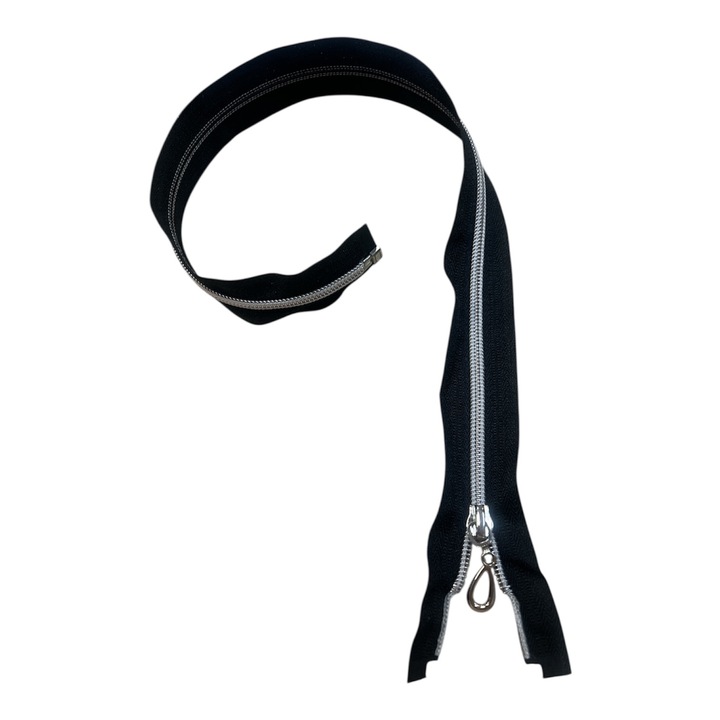 Fekete cipzárak, 5mm-es spirál, műanyag, ezüst, fix, 50 cm hosszú (10 darabos készlet)