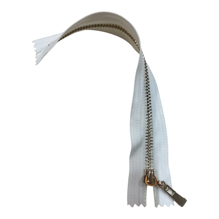 Fehér cipzárak, 5mm-es, fém, arany, fix, 20 cm hosszúság (10 darabos szett)