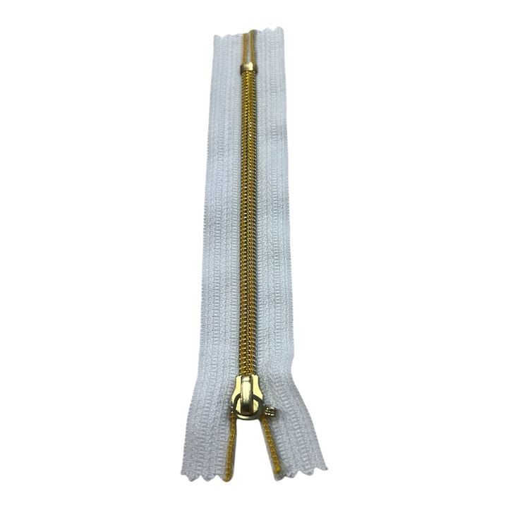 Fehér cipzárak, 5 mm-es spirállal, kulcs nélkül, műanyag, arany színű, fix, 14 cm hosszúságú (10 darabos szett)