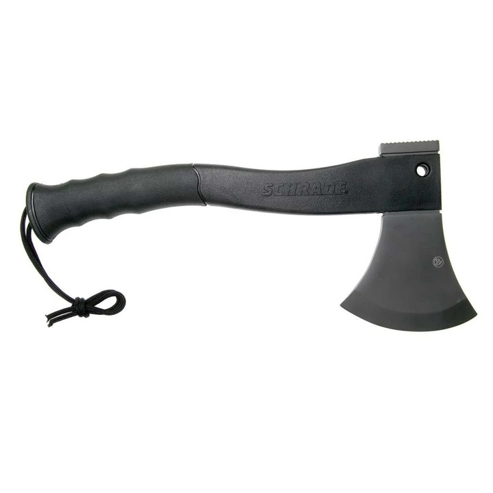 Schrade Bedrock túlélő balta tűzgyújtóval és övtokkal, hossza 33 cm, penge 95 mm, fekete