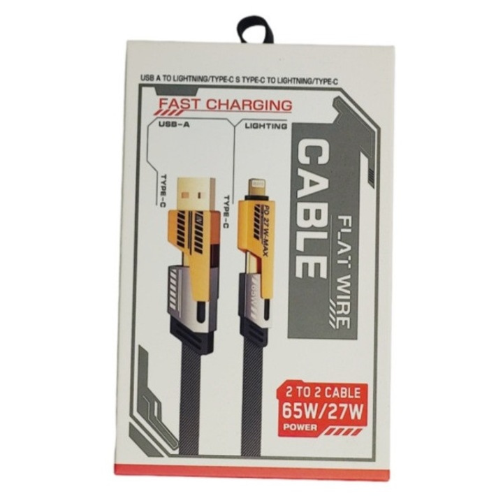 Cablu de incarcare si date, multifunctional 4 in 1, USB-A/USB-C – Lightning + Type-C, Fast Charge 65W/27W, Textil Impletit