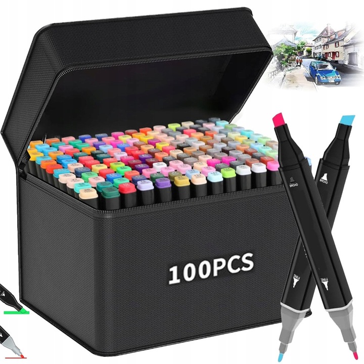 Set 100 markere duble, Pentru copii si adulti, Markere pe baza de ulei Grosimea liniei 1–6 mm, 100 bucati, Multicolore