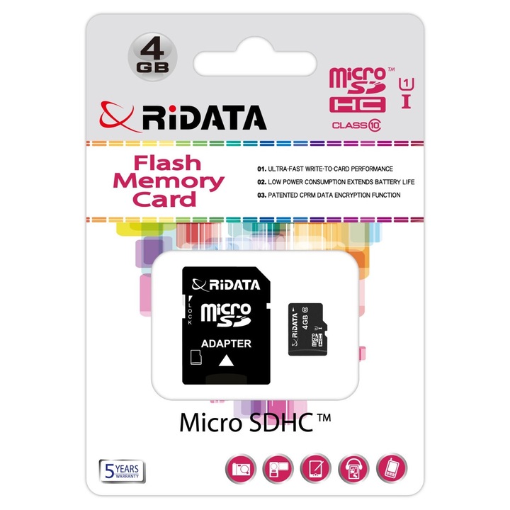Card de memorie microSD RiDATA, 4GB, Clasa 10, 15x11x1mm