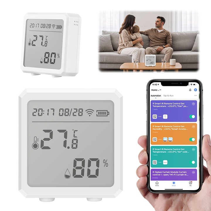 Excitat® Termohigrometru Inteligent cu WiFi - Monitorizare in Timp Real, Alerte la Umiditate Mare si Scazuta, Ecran LCD, Compatibil cu Tuya Smart si Smart Life, Ideal pentru Acasa si Birou, Monitorizare Preciza