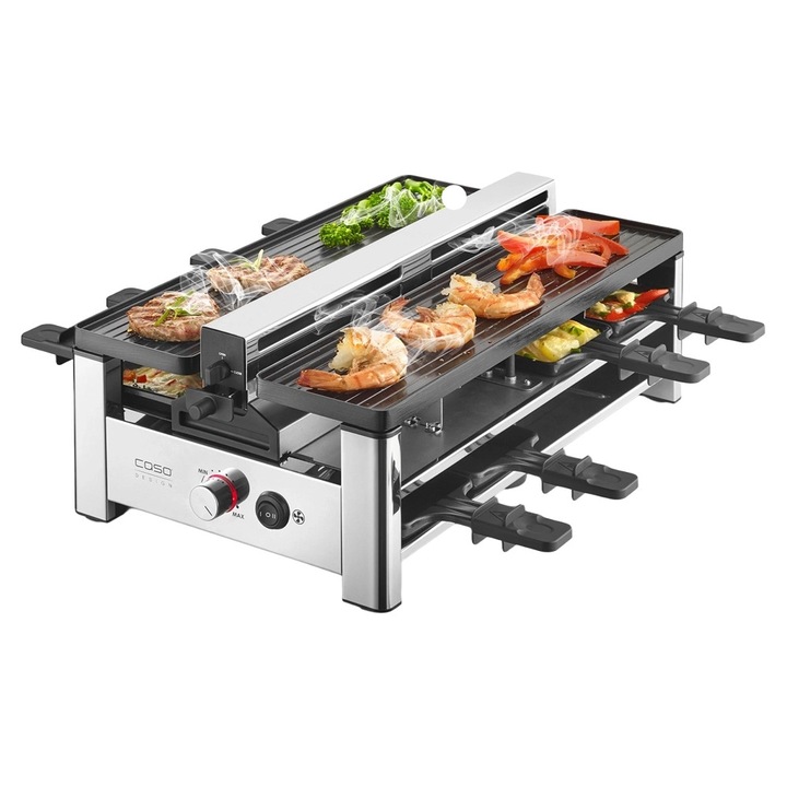 Plita grill si raclette Caso Germany, AirClean, 8 persoane, ideal pentru legume/ carne/ branzeturi, filtru carbon si miros, sistem ventilatie, placi antiaderente striate, incalzire rapida, otel inoxidabil, usor de curatat, 1500 W, negru