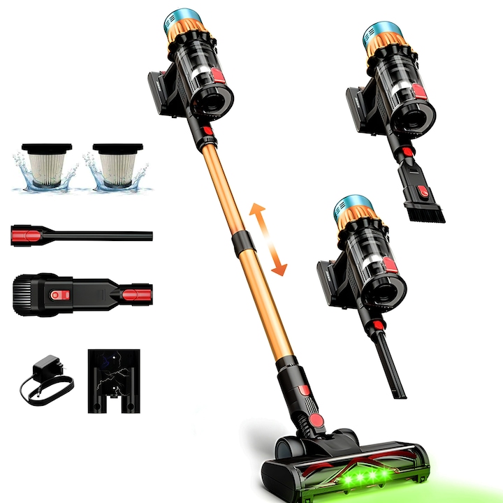 Aspirator Vertical fara fir Gavriet, 650W, 40kPa, Autonomie 65 min, Baterie 17600 mAh, 29.6V Li, Perie cu Led, Recipient 1.2L, 3 Viteze, Filtru Hepa Lavabil, Tub Extensibil, Ecran cu Touch, Negru-Galben
