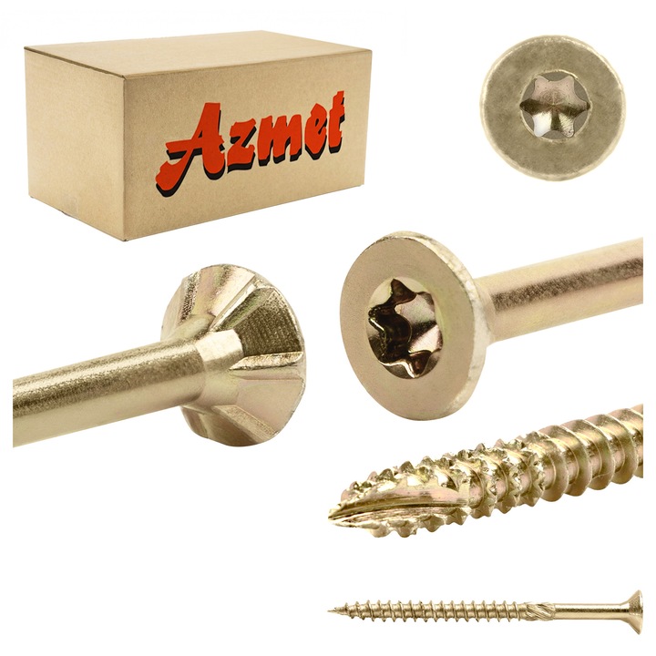 Suruburi pentru lemn Azmet WT 5x60mm, set 200 bucati, cap conic, TX-25, otel zincat