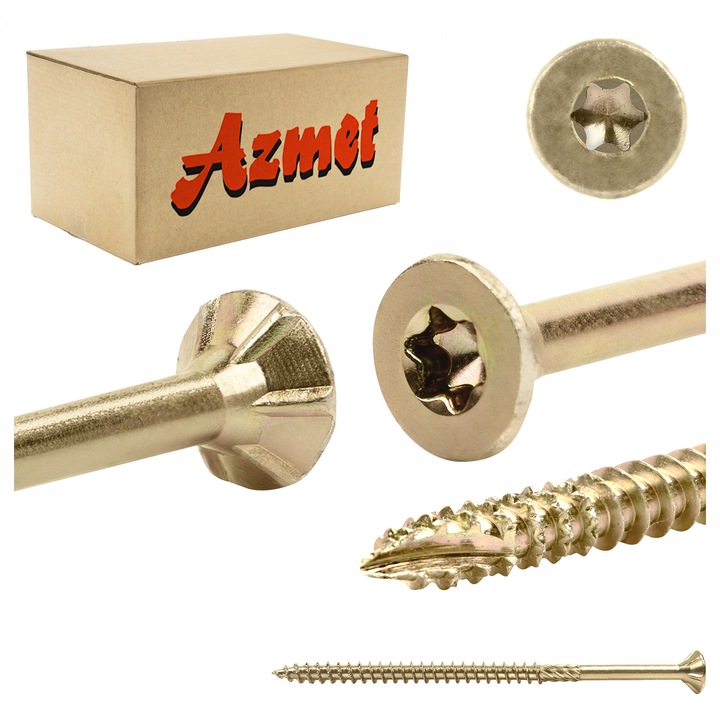 Suruburi pentru lemn Azmet WT, 5x90mm, set 200 buc, cap conic, TX-25, otel zincat