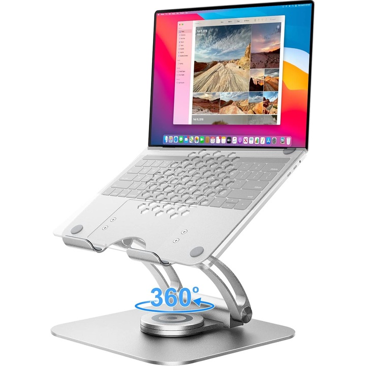 Stand Laptop tounee LS16 EXPRO, Baza Rotativa 360°, Ergonomic si Reglabil pe Inaltime, Compatibil cu MacBook Pro si Laptopuri de 25.4-43.18 cm - Ideal pentru Birou si Lucru in Picioare, Silver
