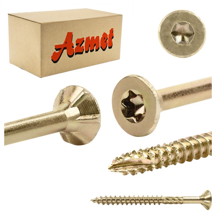 Suruburi pentru lemn Azmet WT 6x70mm, set 100 bucati, cap conic, TX-30, otel zincat