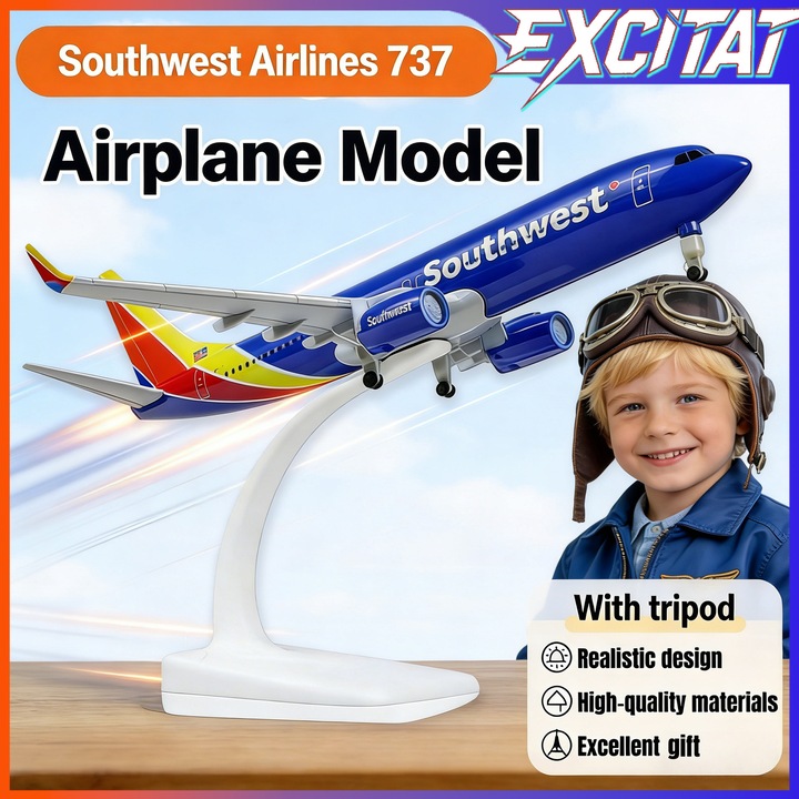Macheta avion Southwest Airlines 737, Model de avion din metal cu ecran trepied, Excitat®, 20 cm, albastru