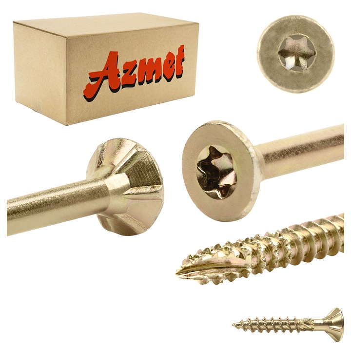 Suruburi pentru lemn Azmet WT, 6x40mm, set 100 bucati, cap conic, TX-30, otel zincat