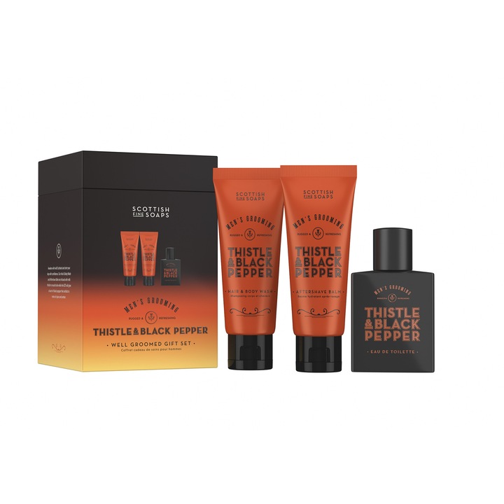 Set cadou bărbăteasc Scottish Fine Soaps, Apa de toaletă 50ml, Balsam aftershave 75ml, Gel de duș 75ml, Thistle & Black Pepper