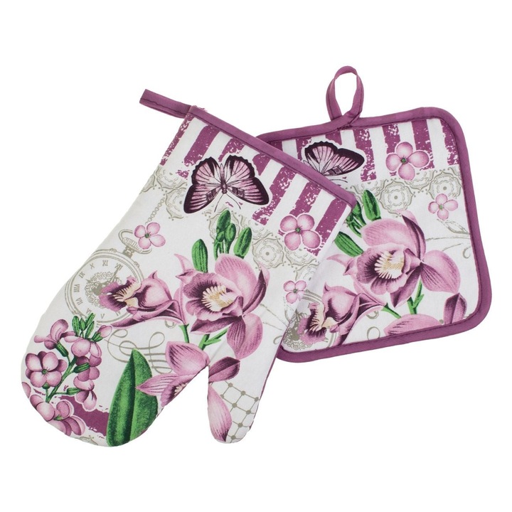 Manusa Si Servet Bucatarie Flori Si Fluturi Mov Lila 2 Buc Bumbac Model Floral 14x26 Cm 18x18 Cm Lila Mov