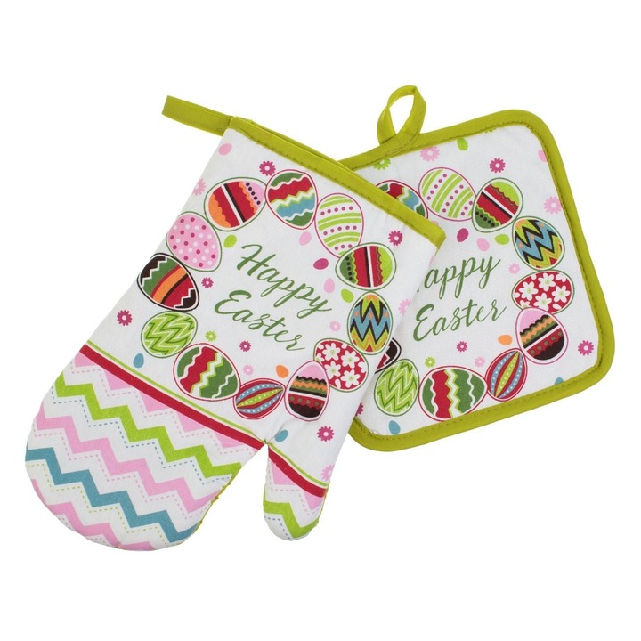 Manusa si Servet Bucatarie Paste Happy Easter Coronita Cu Oua 2 Buc Bumbac Model Iepure 14x26 Cm 18x18 Cm Verde